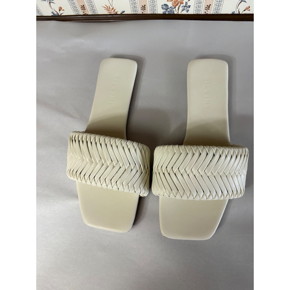 Billini Feva Woven Slide Sandals Cream Bone Square Toe Flat Braided Strap 9